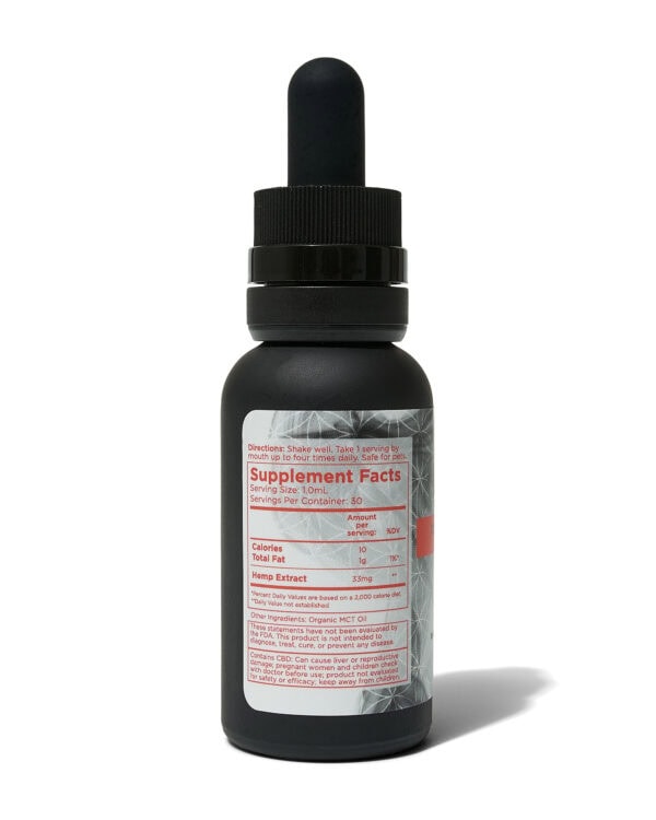 Metta Hemp - CBD Tincture broad spectrum, 1 oz, show back of packaging, white background CBD Tincture: Zero-THC* Broad-Spectrum (1000mg)