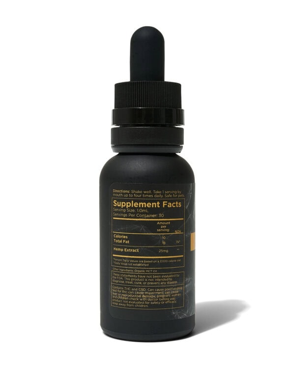 Metta Hemp - CBD Tincture full spectrum, 1 oz, show back of packaging, white background CBD Tincture: Full-Spectrum (750mg, 3000mg)