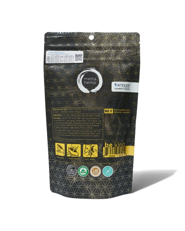 Metta Hemp - Flower 28 grams, just show back of packaging, white background Hemp-Derived Low-THC Cannabis Flower (28 grams)