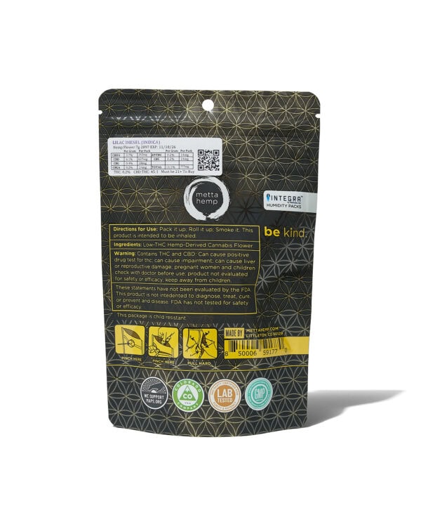 Metta Hemp - Flower 7 grams, just show back of packaging, white background Hemp-Derived Low-THC Cannabis Flower (7 grams)