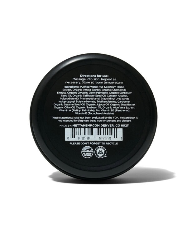 Metta Hemp - Topical Cream, show back of packaging, white background CBD Hemp Relief Topical Cream: Full-Spectrum (3000mg)