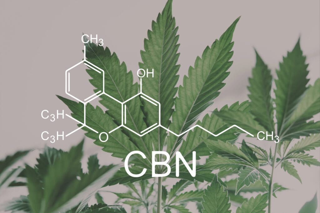 CBN structural formula atop marijuana plant