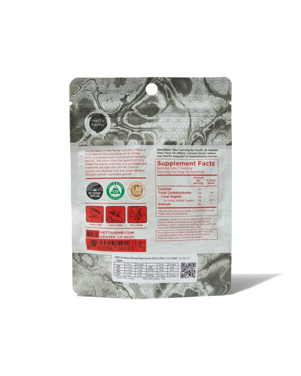 Metta Hemp - CBD Gummies broad spectrum, 10 ct, show back of packaging, white background CBD Gummies: Zero THC* Broad-Spectrum: 25mg