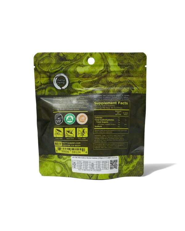 Metta Hemp - D9 Gummies Microdose THC Rosin Gummies, show back of packaging, white background Delta-9 THC Microdose Gummies: 1mg THC / 10mg CBD
