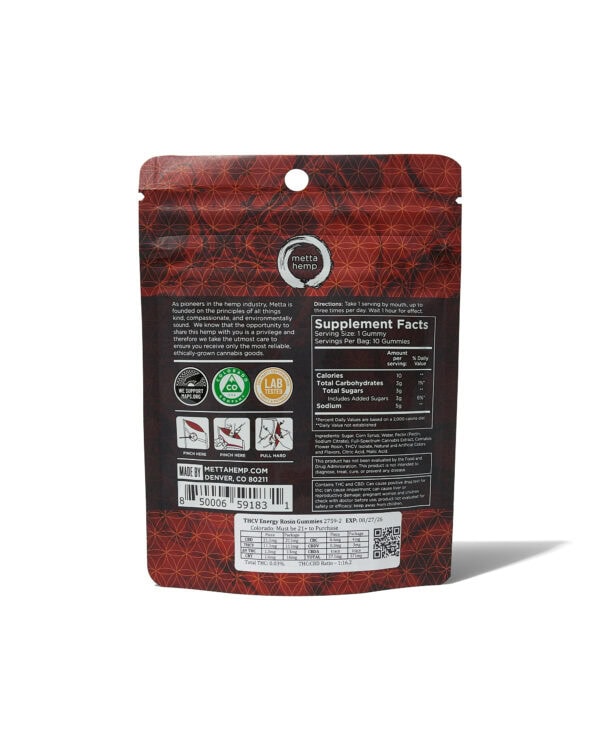 THCV Energy Rosin Gummies: Full-Spectrum 10mg THCV / 20mg CBD / 1.25mg THC