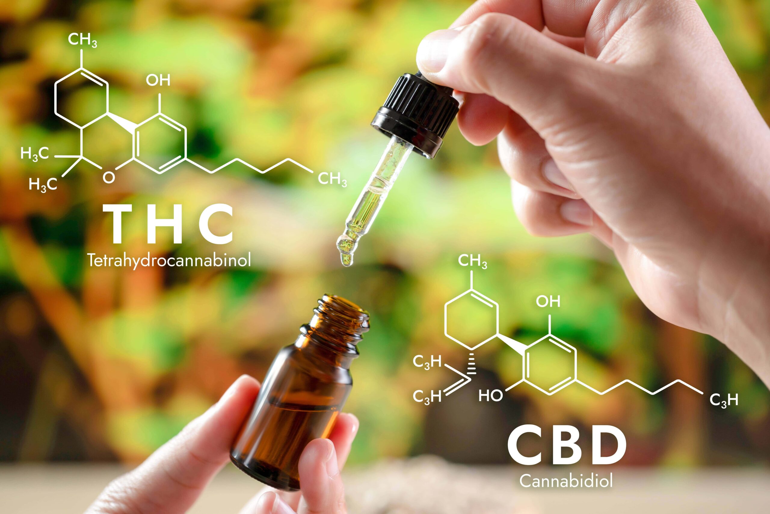 Cannabis tincture overlaid with THC and CBD symbols