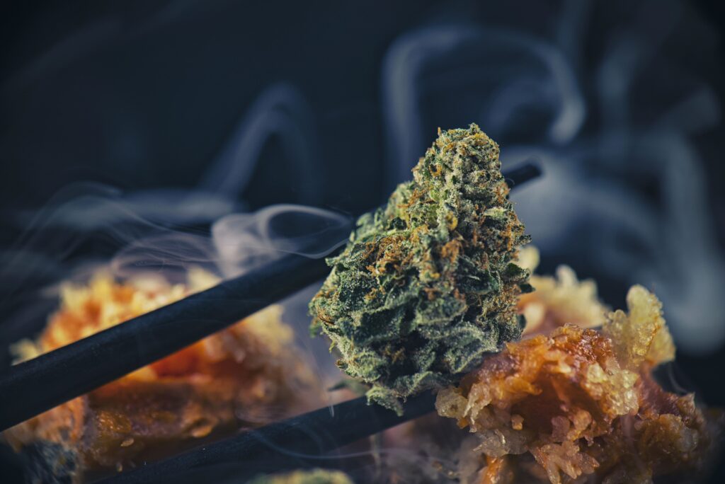 Macro detail of cannabis bud held by chopsticks
